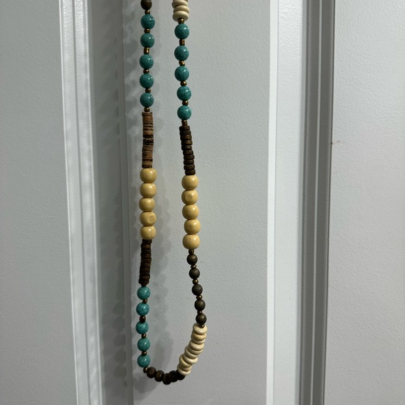 Long adjustable clasp necklace, Tan/Brown//turquoise/ Cream Beads - Picture 3 of 6
